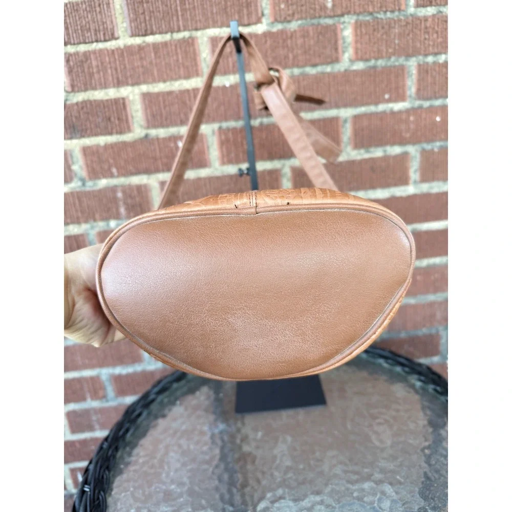 Vintage Tan Embossed Leather Elephant Tribal Crossbody Bucket Bag